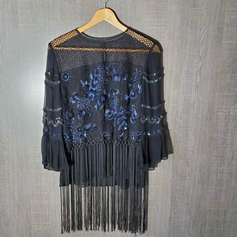 Elie Tahari Aislin Fringe Beaded Top Large - Picture 5 of 16